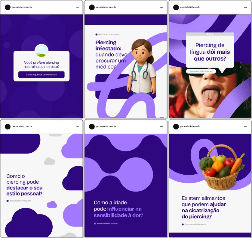 Pack Canva Body Piercing – Kit de posts e artes editáveis para estúdios de piercing e body piercers que desejam atrair clientes e fortalecer a presença digital. Inclui conteúdos prontos sobre cuidados com piercings, higienização, cicatrização, tipos de joias, tendências e dicas para manter a saúde e estética da perfuração.