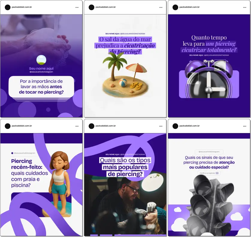 Com este Pack Canva de Body Piercing, você terá posts profissionais para Instagram e redes sociais, abordando temas como perfuração segura, materiais hipoalergênicos, mitos e verdades, inspirações de piercings, processos de cicatrização e cuidados essenciais, tudo personalizável no Canva.