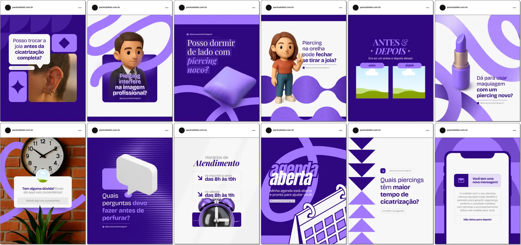 Com este Pack Canva de Body Piercing, você terá posts profissionais para Instagram e redes sociais, abordando temas como perfuração segura, materiais hipoalergênicos, mitos e verdades, inspirações de piercings, processos de cicatrização e cuidados essenciais, tudo personalizável no Canva.