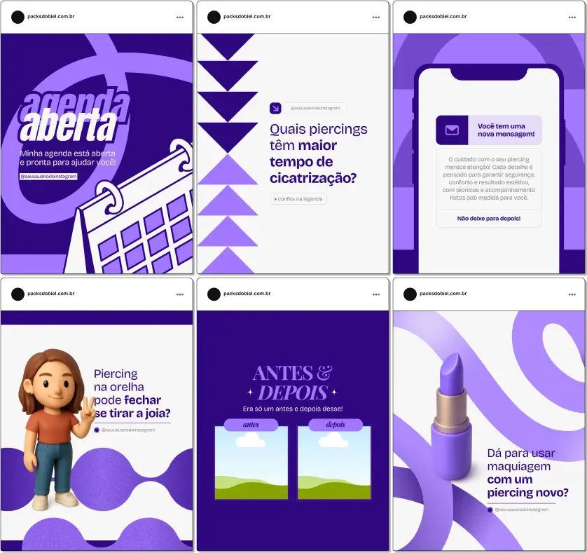 Kit completo para piercers e estúdios de body piercing, com posts prontos e editáveis sobre: perfuração estética e segura, cuidados no dia a dia, indicações de joias adequadas, tendências de moda, dicas de higienização e prevenção de infecções. Ideal para engajar clientes e reforçar autoridade no Instagram, Facebook e TikTok.