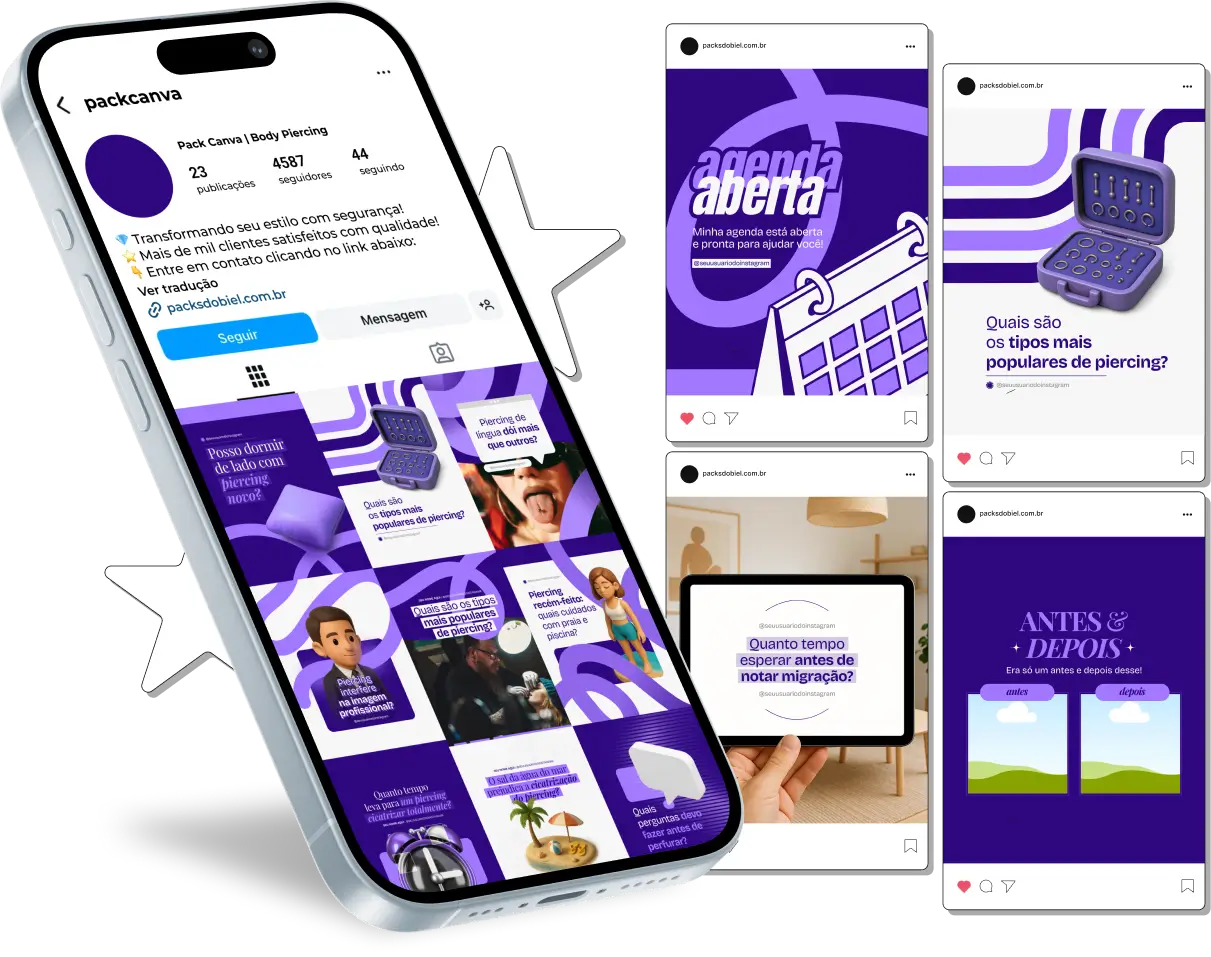 Kit completo para piercers e estúdios de body piercing, com posts prontos e editáveis sobre: perfuração estética e segura, cuidados no dia a dia, indicações de joias adequadas, tendências de moda, dicas de higienização e prevenção de infecções. Ideal para engajar clientes e reforçar autoridade no Instagram, Facebook e TikTok.