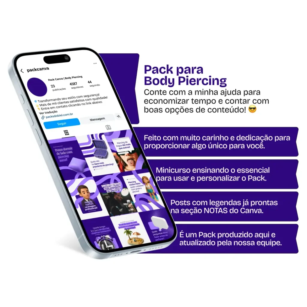 Com este Pack Canva de Body Piercing, você terá posts profissionais para Instagram e redes sociais, abordando temas como perfuração segura, materiais hipoalergênicos, mitos e verdades, inspirações de piercings, processos de cicatrização e cuidados essenciais, tudo personalizável no Canva.
