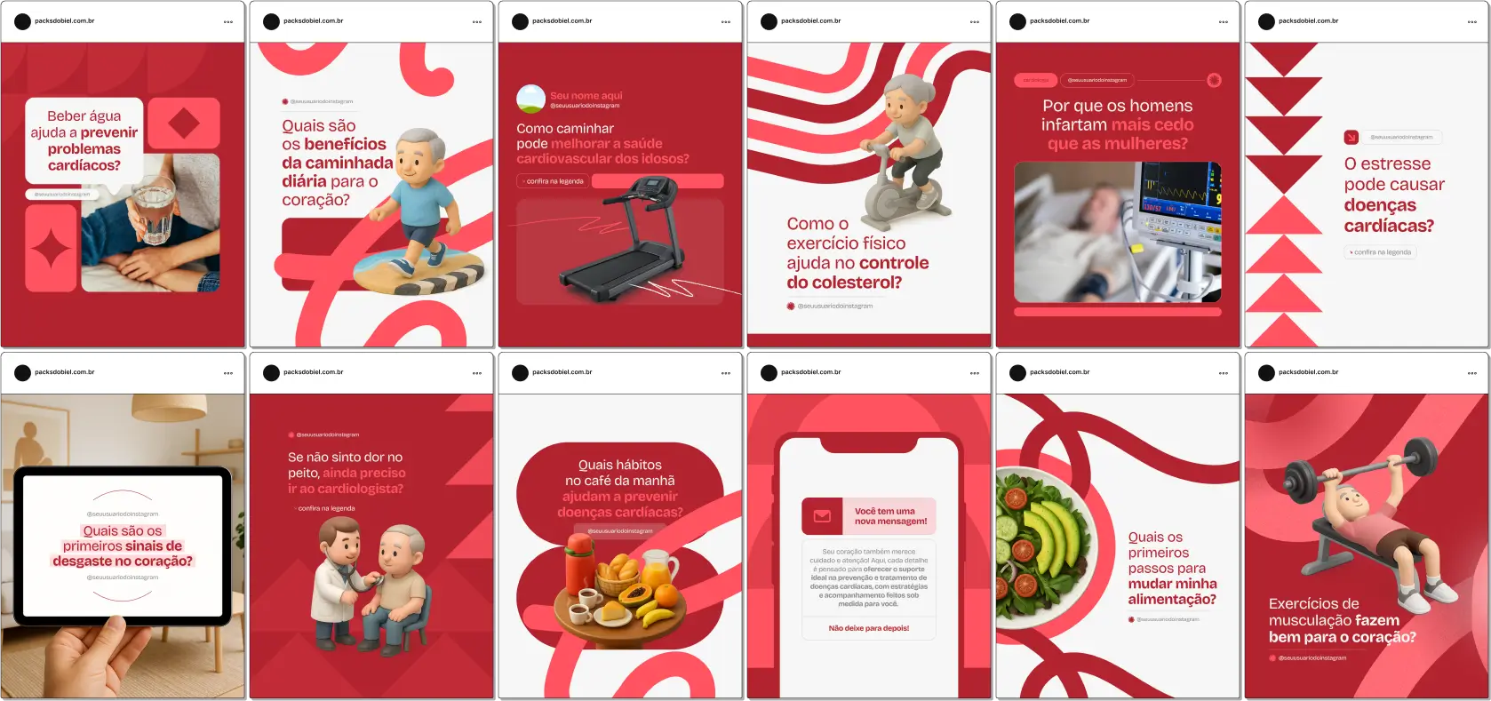 Kit Canva Cardiologista – Posts prontos para redes sociais com informações sobre bem-estar cardiovascular, prática de exercícios físicos, controle de diabetes e colesterol, consultas regulares, sinais de alerta do coração e qualidade de vida. Um material estratégico para fortalecer a presença digital de médicos e clínicas de cardiologia.