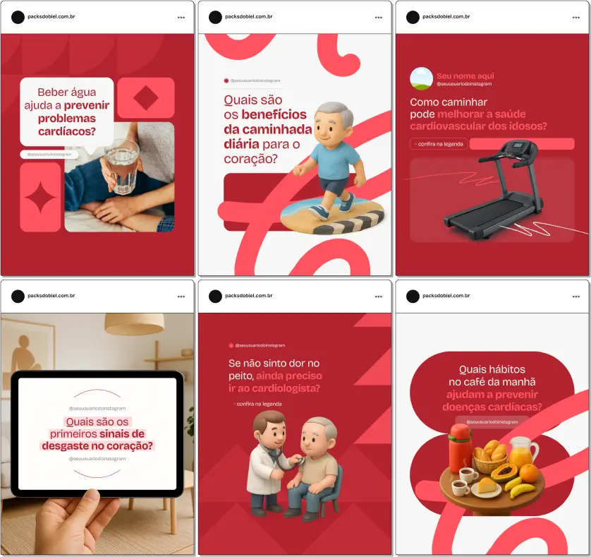 Kit Canva Cardiologista – Posts prontos para redes sociais com informações sobre bem-estar cardiovascular, prática de exercícios físicos, controle de diabetes e colesterol, consultas regulares, sinais de alerta do coração e qualidade de vida. Um material estratégico para fortalecer a presença digital de médicos e clínicas de cardiologia.