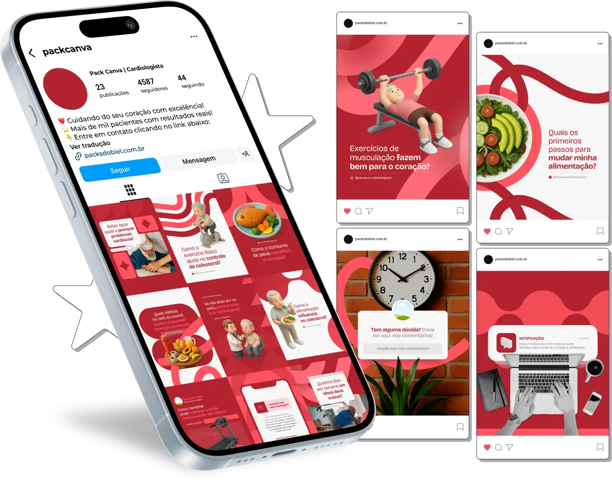 Pack Canva Cardiologista – Kit com posts e artes editáveis para médicos cardiologistas, clínicas de cardiologia e profissionais da saúde do coração. Conteúdos prontos para Instagram e redes sociais com dicas sobre prevenção de infarto, controle da pressão arterial, colesterol, check-up cardíaco, importância da atividade física e saúde cardiovascular.