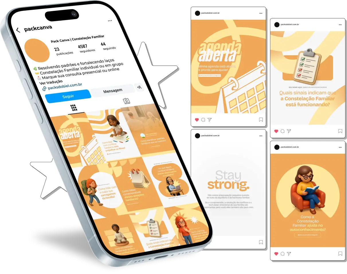 Kit de posts editáveis no Canva para profissionais de Constelação Familiar e terapias sistêmicas. Inclui conteúdos para Instagram e outras redes sociais sobre resolução de conflitos familiares, fortalecimento de vínculos, orientação psicológica, autoconhecimento, dinâmicas de grupo e dicas práticas para engajar clientes e seguidores interessados em crescimento pessoal.