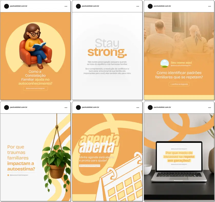 Com este Pack Canva de Constelação Familiar, você terá posts prontos e personalizáveis para redes sociais, abordando temas como padrões familiares, conflitos de relacionamento, cura emocional, harmonia familiar, orientação para clientes e estratégias para atrair seguidores interessados em desenvolvimento pessoal e terapias sistêmicas.