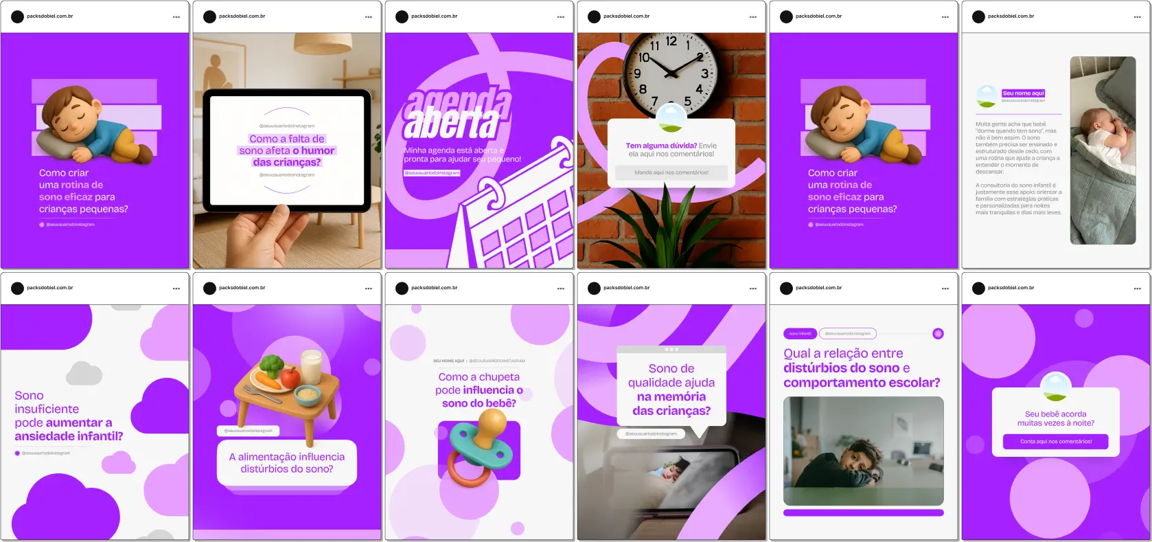 Com este Pack Canva de Consultoria de Sono Infantil, você terá posts educativos e informativos sobre técnicas de sono, dicas para pais, criação de hábitos saudáveis de descanso, resolução de dificuldades noturnas, acompanhamento de desenvolvimento infantil e materiais totalmente personalizáveis para redes sociais.