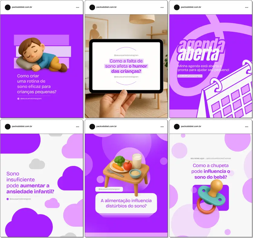 Kit completo para consultores de sono infantil, pediatras e profissionais de saúde com posts sobre rotina de sono, controle de despertares noturnos, sono tranquilo e seguro, estratégias para melhorar qualidade do sono, orientações para pais e conteúdos visuais atrativos para Instagram, Facebook e outras redes sociais.