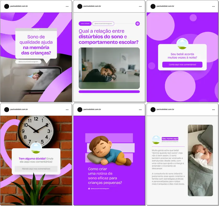 Kit completo para consultores de sono infantil, pediatras e profissionais de saúde com posts sobre rotina de sono, controle de despertares noturnos, sono tranquilo e seguro, estratégias para melhorar qualidade do sono, orientações para pais e conteúdos visuais atrativos para Instagram, Facebook e outras redes sociais.