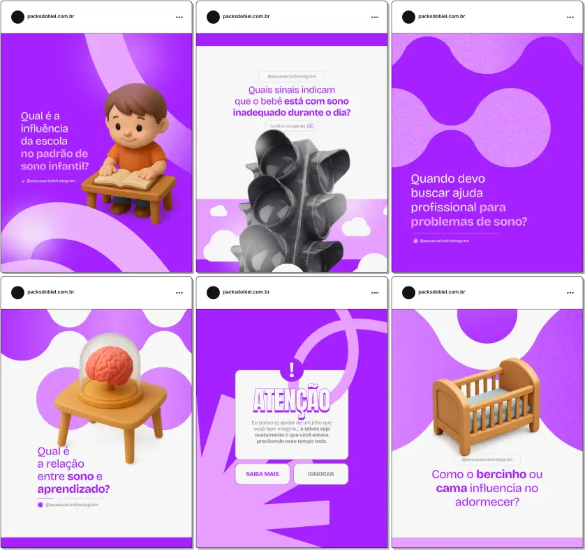 Com este Pack Canva de Consultoria de Sono Infantil, você terá posts educativos e informativos sobre técnicas de sono, dicas para pais, criação de hábitos saudáveis de descanso, resolução de dificuldades noturnas, acompanhamento de desenvolvimento infantil e materiais totalmente personalizáveis para redes sociais.