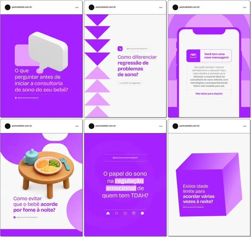 Com este Pack Canva de Consultoria de Sono Infantil, você terá posts educativos e informativos sobre técnicas de sono, dicas para pais, criação de hábitos saudáveis de descanso, resolução de dificuldades noturnas, acompanhamento de desenvolvimento infantil e materiais totalmente personalizáveis para redes sociais.
