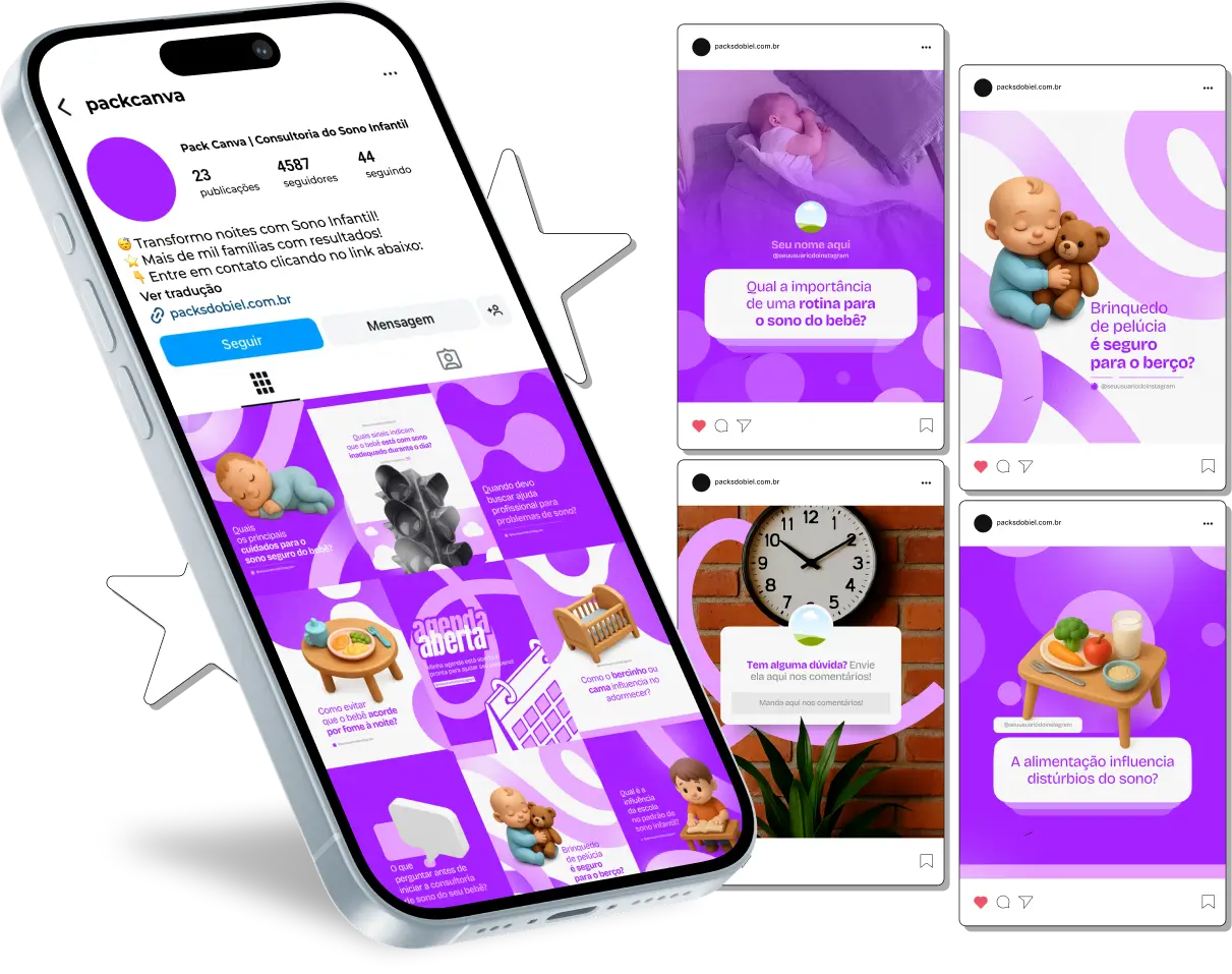 Pack Canva Consultoria de Sono Infantil – Kit com posts e artes editáveis para consultores do sono, pediatras, psicólogos e profissionais da saúde infantil. Conteúdos prontos para Instagram e redes sociais sobre rotina do sono, dicas para bebês e crianças, prevenção de distúrbios do sono, métodos de adormecer, higiene do sono e estratégias práticas para melhorar noites de descanso.