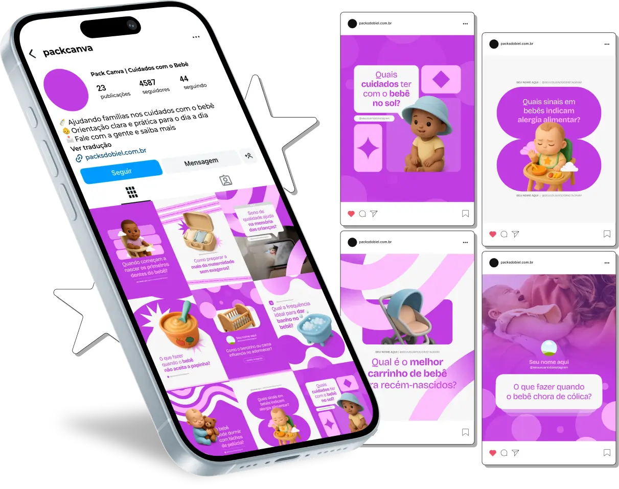 Com o Pack Canva Cuidados com o Bebê, você terá conteúdos visuais prontos para compartilhar orientações importantes sobre saúde, alimentação, rotina, segurança e bem-estar do bebê. Os posts são totalmente editáveis no Canva, fáceis de personalizar e ajudam a criar um perfil profissional, acolhedor e de confiança no Instagram e outras redes sociais.