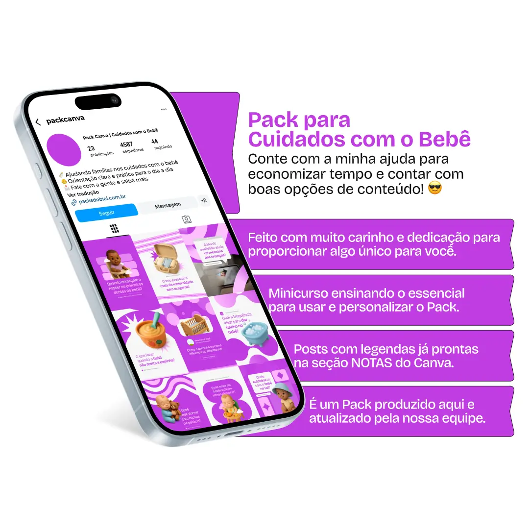Pack Canva Cuidados com o Bebê - Posts com conteúdos nichados e editáveis