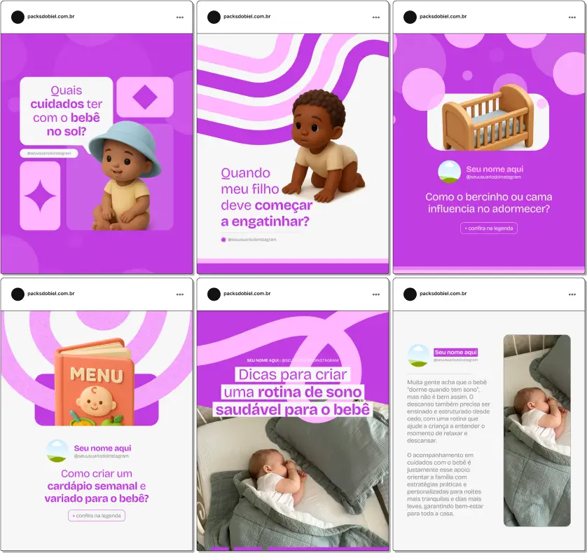 Com o Pack Canva Cuidados com o Bebê, você terá conteúdos visuais prontos para compartilhar orientações importantes sobre saúde, alimentação, rotina, segurança e bem-estar do bebê. Os posts são totalmente editáveis no Canva, fáceis de personalizar e ajudam a criar um perfil profissional, acolhedor e de confiança no Instagram e outras redes sociais.