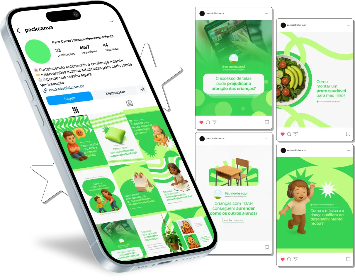 Pack Canva Desenvolvimento Infantil – Kit com posts e artes editáveis para Instagram e redes sociais, com conteúdos prontos sobre fases do crescimento, estimulação cognitiva, desenvolvimento motor, linguagem, habilidades socioemocionais e orientações para pais e educadores. Ideal para psicólogos infantis, pedagogos, terapeutas ocupacionais e escolas que desejam fortalecer sua presença digital.