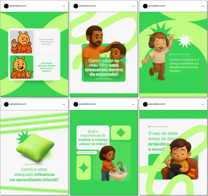 Com este Pack Canva de Desenvolvimento Infantil, você terá posts prontos e personalizáveis no Canva para abordar temas como aprendizagem infantil, estimulação precoce, brincadeiras educativas, marcos do desenvolvimento, alfabetização, vínculos afetivos e dicas práticas para pais acompanharem o crescimento dos filhos. Perfeito para perfis no Instagram de psicopedagogia, educação e saúde infantil.