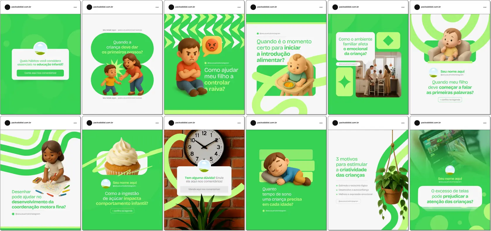 Kit de posts editáveis no Canva focado em Desenvolvimento Infantil, ideal para redes sociais de escolas, psicopedagogos, fonoaudiólogos e profissionais de educação. Inclui conteúdos prontos sobre comportamento infantil, estímulos sensoriais, habilidades cognitivas, afetividade, rotina escolar, orientação para pais e dicas práticas para promover o aprendizado e bem-estar das crianças.