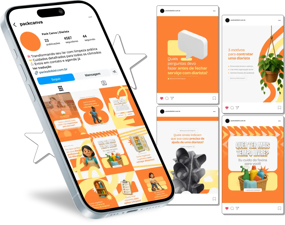 Kit de posts editáveis no Canva feito para diaristas que desejam fortalecer sua presença digital. Traz conteúdos prontos sobre organização, higiene, praticidade, manutenção da casa limpa, serviços de faxina pesada, limpeza pós-obra, dicas rápidas e chamadas de agendamento. Perfeito para destacar seu trabalho de forma profissional e atrair clientes pelo Instagram e WhatsApp.