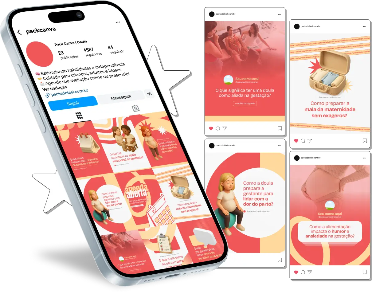 Com este Pack Canva de Doula, você terá posts prontos e personalizáveis para redes sociais, abordando temas como preparação para o parto, técnicas de relaxamento, apoio emocional à gestante, incentivo à amamentação, dicas de autocuidado e estratégias para atrair e engajar futuras mães e famílias.