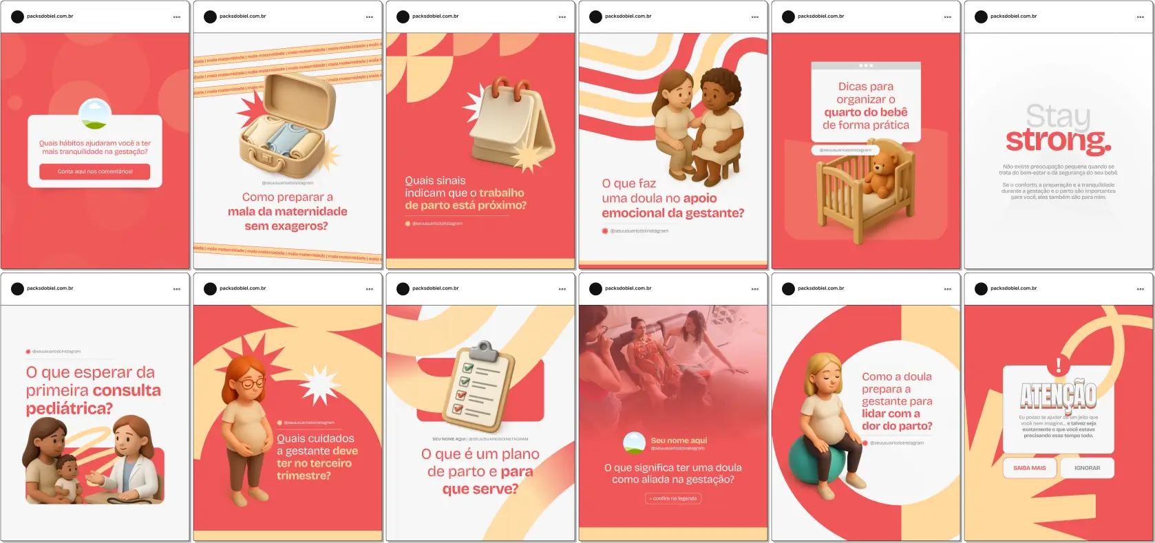 Com este Pack Canva de Doula, você terá posts prontos e personalizáveis para redes sociais, abordando temas como preparação para o parto, técnicas de relaxamento, apoio emocional à gestante, incentivo à amamentação, dicas de autocuidado e estratégias para atrair e engajar futuras mães e famílias.