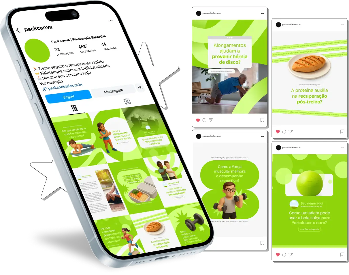 Com o Pack Canva Fisioterapia Esportiva, você terá posts prontos para divulgar seus atendimentos, treinos de recuperação, cuidados pós-lesão e orientações de saúde física para atletas e praticantes de esportes. O kit é totalmente personalizável, permitindo criar uma identidade visual profissional e engajar seu público nas redes sociais.