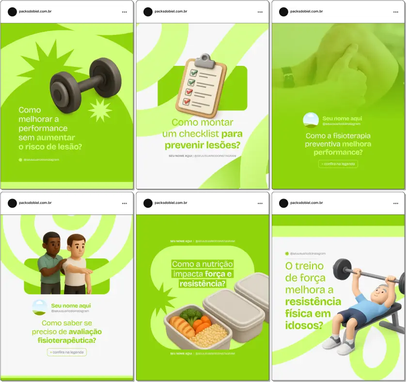 Com o Pack Canva Fisioterapia Esportiva, você terá posts prontos para divulgar seus atendimentos, treinos de recuperação, cuidados pós-lesão e orientações de saúde física para atletas e praticantes de esportes. O kit é totalmente personalizável, permitindo criar uma identidade visual profissional e engajar seu público nas redes sociais.