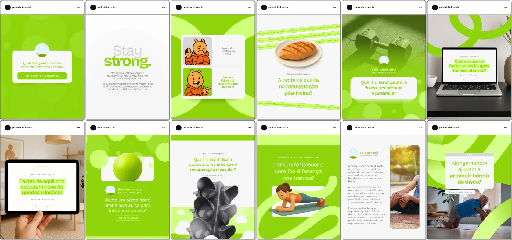 Kit de posts editáveis no Canva para fisioterapeutas esportivos. Inclui artes sobre exercícios preventivos, reabilitação funcional, alongamentos, cuidados com articulações, dicas de performance e lifestyle saudável. Perfeito para fortalecer sua presença no Instagram, atrair novos pacientes e mostrar autoridade na área esportiva.