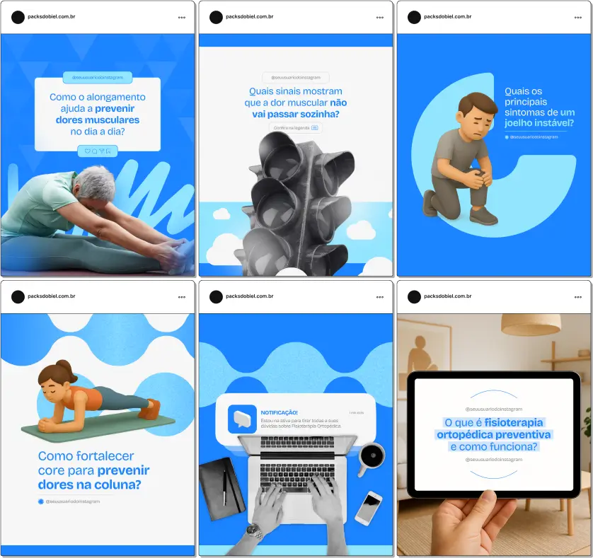 Com este Pack Canva de Fisioterapia Ortopédica, você terá posts prontos e personalizáveis para redes sociais, focados em fisioterapeutas e clínicas de reabilitação, com conteúdos sobre cuidados pós-cirúrgicos, alongamentos, exercícios de fortalecimento, prevenção de dores musculoesqueléticas e educação em saúde para pacientes.