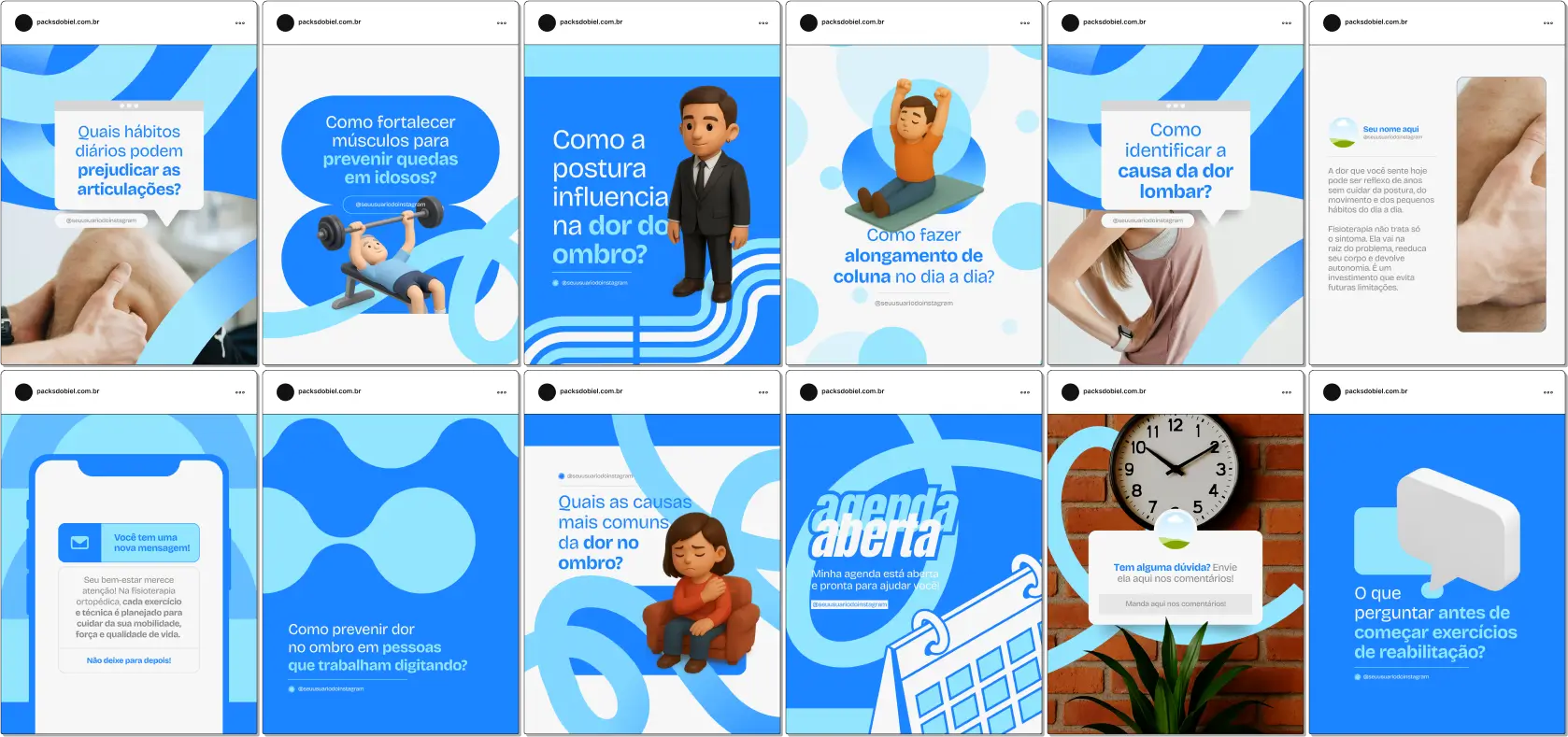 Kit completo para profissionais de fisioterapia ortopédica, com posts editáveis sobre técnicas de reabilitação, exercícios funcionais, ergonomia, prevenção de lesões esportivas e ortopédicas, mobilidade e fortalecimento muscular, ideal para engajar pacientes e aumentar a presença digital nas redes sociais.