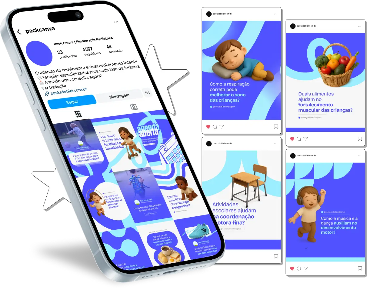 Pack Canva Fisioterapia Pediátrica – Kit com posts e artes editáveis para Instagram e redes sociais, com conteúdos prontos sobre desenvolvimento motor infantil, exercícios de reabilitação, postura, alongamentos, prevenção de lesões, fisioterapia respiratória e orientações para pais e cuidadores. Ideal para fisioterapeutas pediátricos, clínicas de reabilitação infantil e profissionais de saúde que desejam fortalecer sua presença digital.