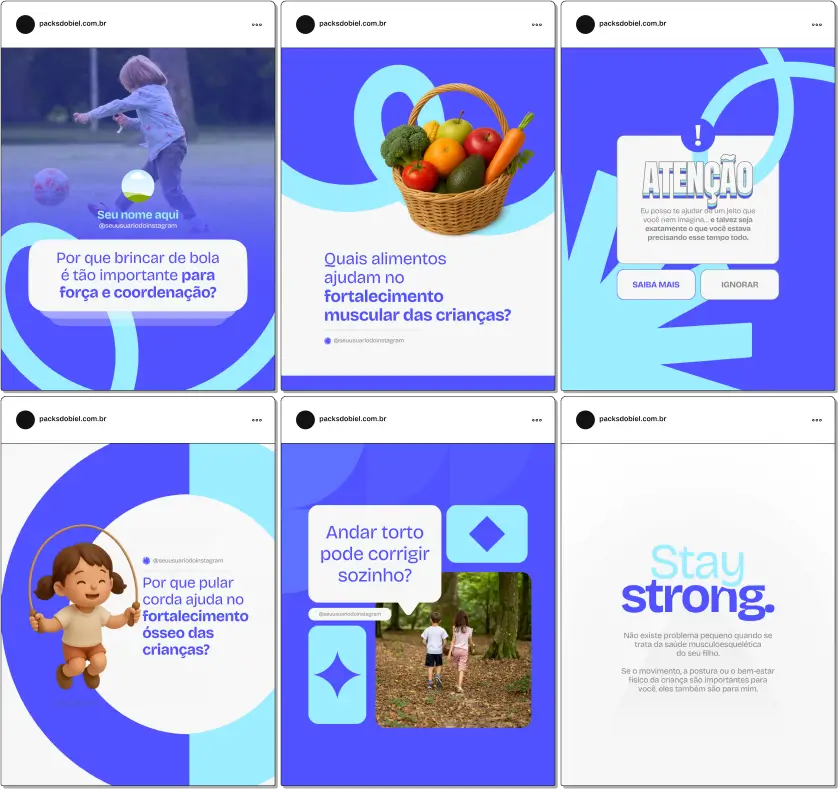 Com este Pack Canva de Fisioterapia Pediátrica, você terá posts personalizáveis para redes sociais, focados em fisioterapeutas e clínicas especializadas, com conteúdos educativos sobre estimulação motora, recuperação após lesões, exercícios para crianças com necessidades especiais, prevenção de problemas posturais e dicas para engajar pais e familiares.