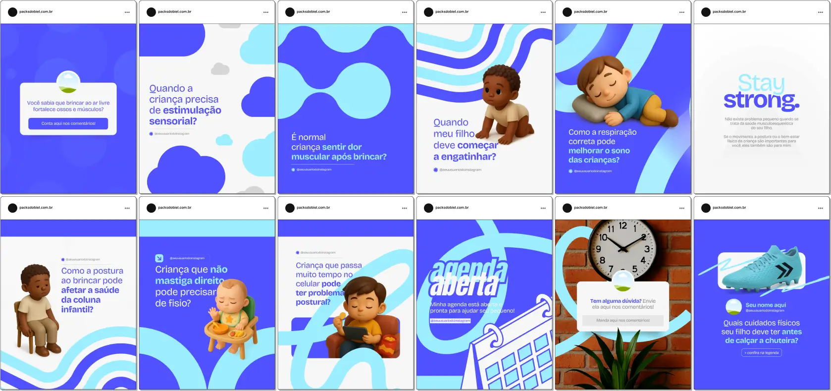 Com este Pack Canva de Fisioterapia Pediátrica, você terá posts personalizáveis para redes sociais, focados em fisioterapeutas e clínicas especializadas, com conteúdos educativos sobre estimulação motora, recuperação após lesões, exercícios para crianças com necessidades especiais, prevenção de problemas posturais e dicas para engajar pais e familiares.