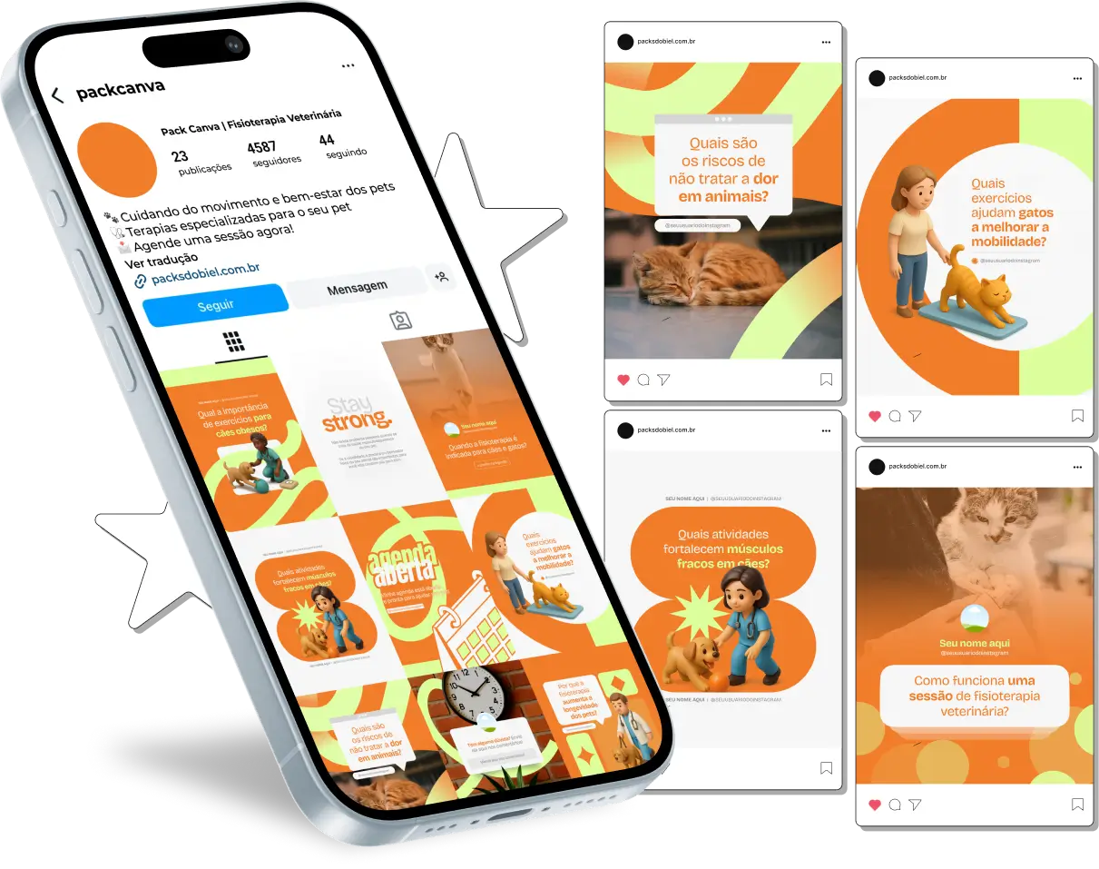 Com este Pack Canva de Fisioterapia Veterinária, você terá posts prontos e personalizáveis para redes sociais, abordando temas como fisioterapia canina e felina, recuperação de mobilidade, exercícios terapêuticos, cuidados pós-cirúrgicos, fortalecimento articular e dicas para tutores cuidarem da saúde de seus animais.