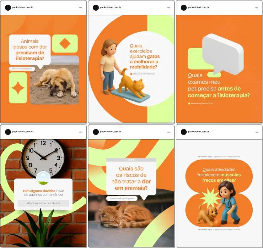 Com este Pack Canva de Fisioterapia Veterinária, você terá posts prontos e personalizáveis para redes sociais, abordando temas como fisioterapia canina e felina, recuperação de mobilidade, exercícios terapêuticos, cuidados pós-cirúrgicos, fortalecimento articular e dicas para tutores cuidarem da saúde de seus animais.