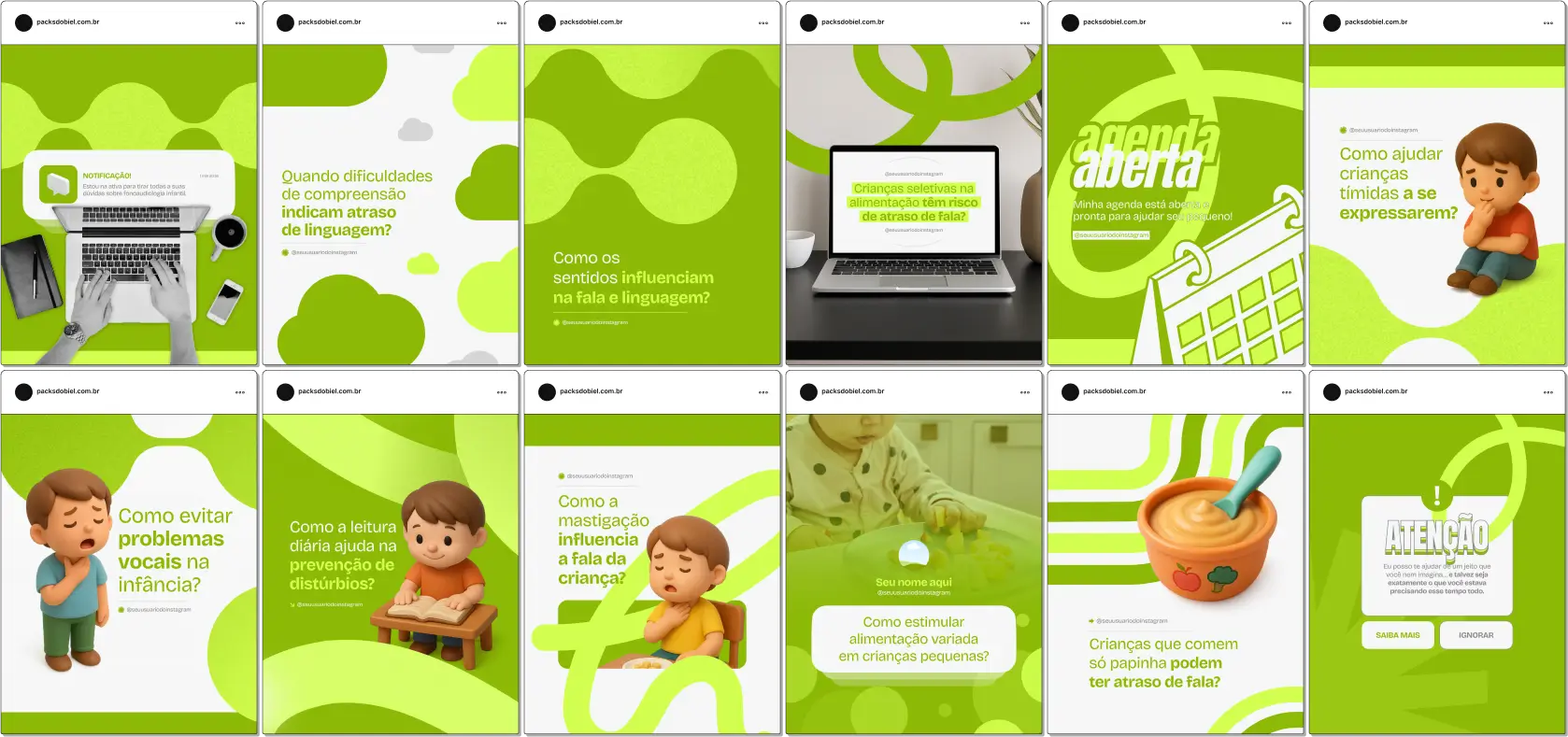 Pack Canva Fonoaudiologia Infantil – Kit com posts e artes editáveis para fonoaudiólogos, clínicas de fonoaudiologia e profissionais da saúde infantil. Conteúdos prontos para Instagram e redes sociais sobre desenvolvimento da fala, linguagem oral, terapia da linguagem, distúrbios de comunicação, saúde vocal e orientações para pais, visando engajar seguidores e fortalecer a presença digital.