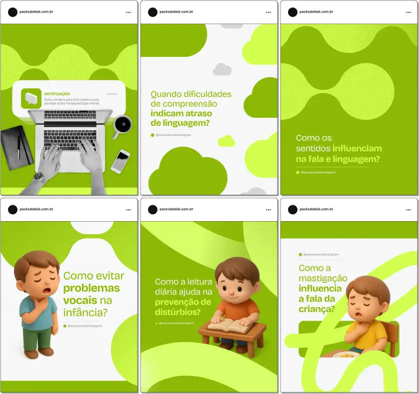 Pack Canva Fonoaudiologia Infantil – Kit com posts e artes editáveis para fonoaudiólogos, clínicas de fonoaudiologia e profissionais da saúde infantil. Conteúdos prontos para Instagram e redes sociais sobre desenvolvimento da fala, linguagem oral, terapia da linguagem, distúrbios de comunicação, saúde vocal e orientações para pais, visando engajar seguidores e fortalecer a presença digital.