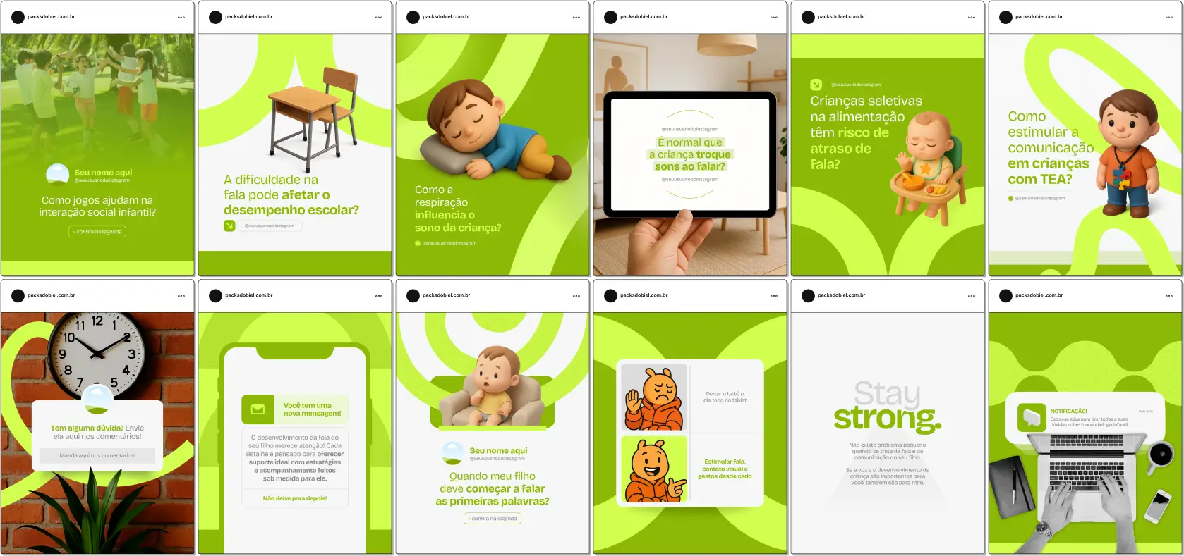 Com este Pack Canva de Fonoaudiologia Infantil, você terá posts educativos e motivacionais sobre exercícios de fala, reabilitação auditiva, desenvolvimento linguístico, atividades lúdicas para crianças, dicas para estimular a comunicação e materiais totalmente personalizáveis para redes sociais.