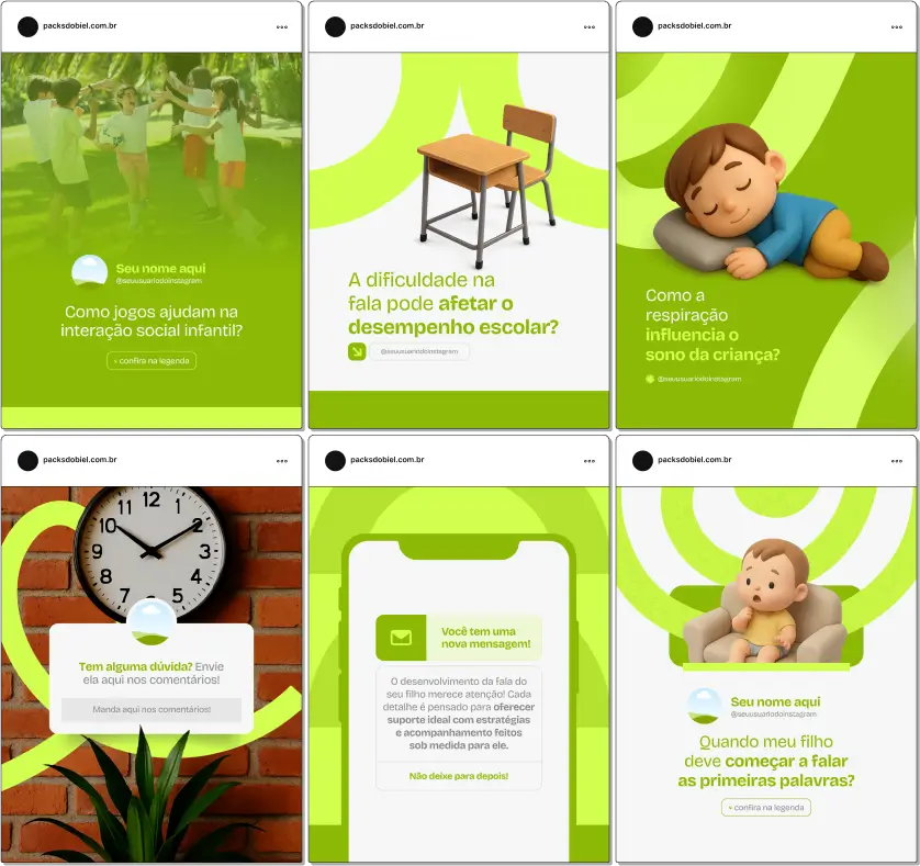 Pack Canva Fonoaudiologia Infantil – Kit com posts e artes editáveis para fonoaudiólogos, clínicas de fonoaudiologia e profissionais da saúde infantil. Conteúdos prontos para Instagram e redes sociais sobre desenvolvimento da fala, linguagem oral, terapia da linguagem, distúrbios de comunicação, saúde vocal e orientações para pais, visando engajar seguidores e fortalecer a presença digital.