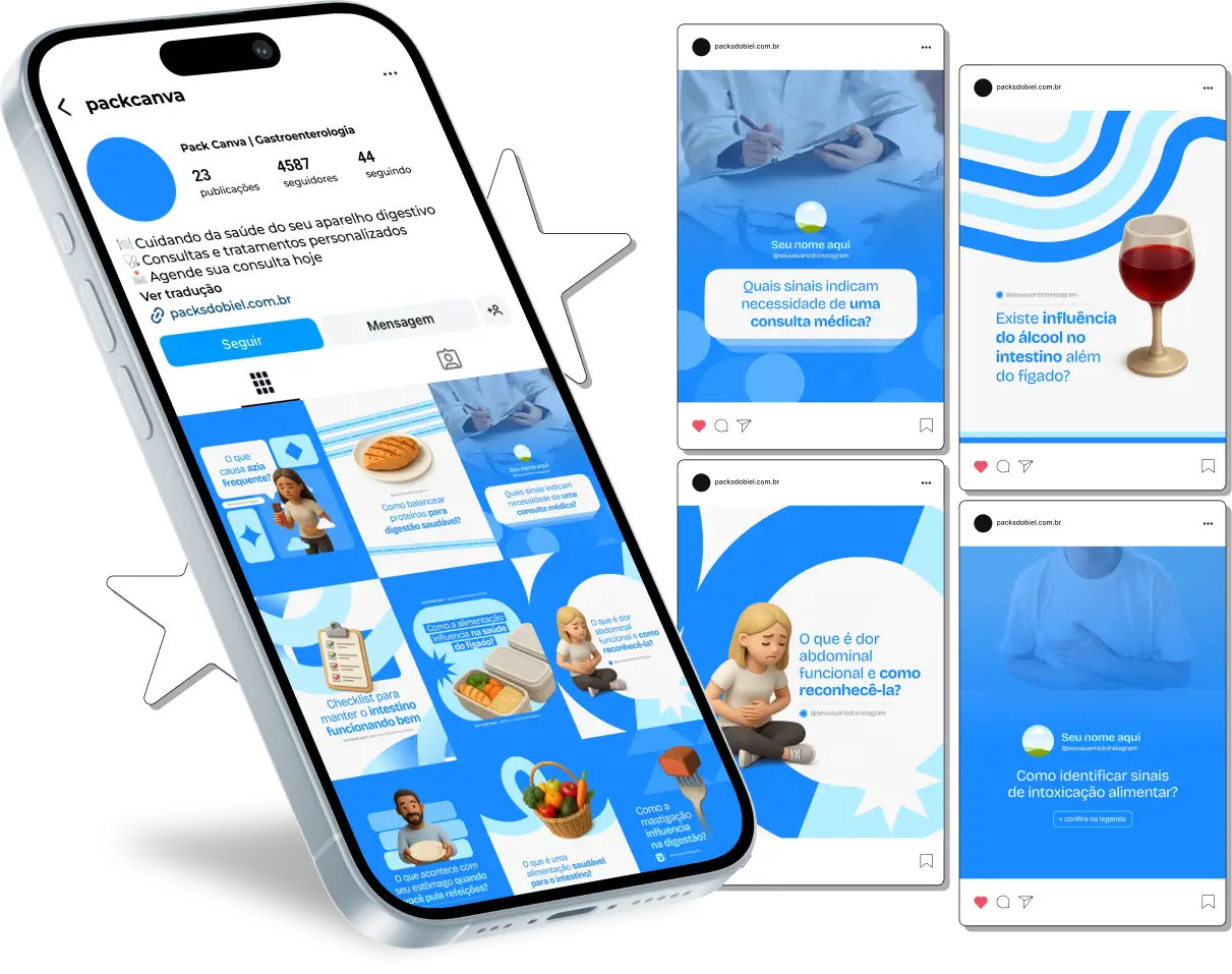 Com o Pack Canva Gastroenterologia, você terá posts prontos para compartilhar informações educativas sobre saúde digestiva, hábitos alimentares, sintomas e prevenção de doenças do sistema gastrointestinal. Totalmente personalizável no Canva, o kit permite criar um perfil profissional e engajador no Instagram e redes sociais.
