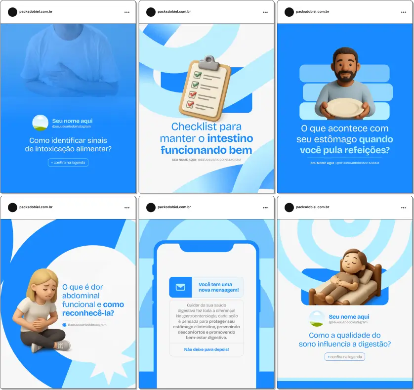 Com o Pack Canva Gastroenterologia, você terá posts prontos para compartilhar informações educativas sobre saúde digestiva, hábitos alimentares, sintomas e prevenção de doenças do sistema gastrointestinal. Totalmente personalizável no Canva, o kit permite criar um perfil profissional e engajador no Instagram e redes sociais.