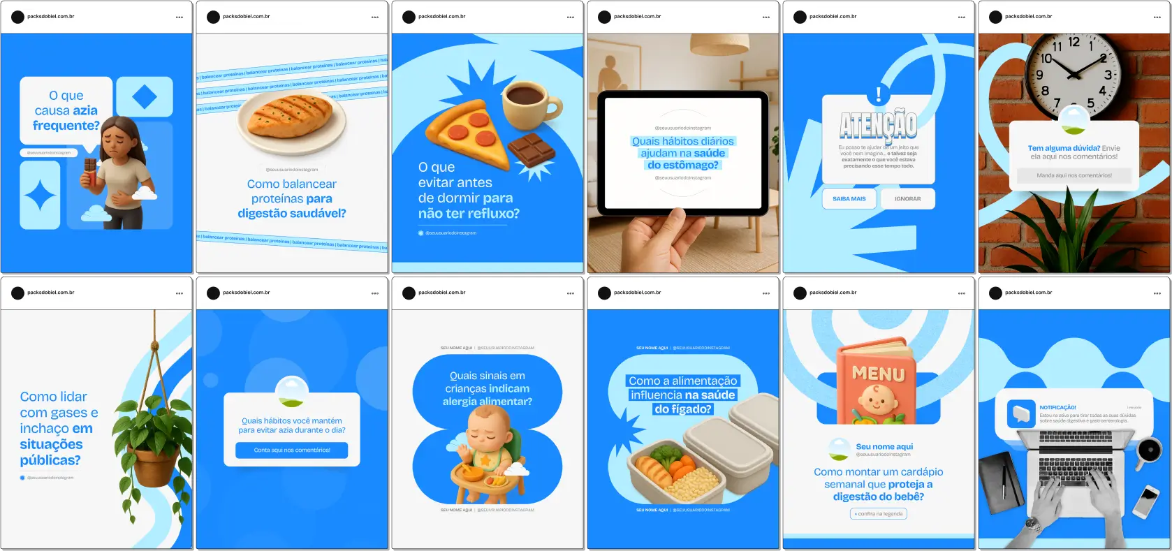 Kit de posts editáveis no Canva para gastroenterologistas. Inclui artes sobre cuidados com o estômago, intestino, fígado e pâncreas, dicas de nutrição, alertas de prevenção, curiosidades médicas e orientações para pacientes. Perfeito para clínicas e profissionais que desejam aumentar o engajamento, educar o público e atrair novos pacientes.
