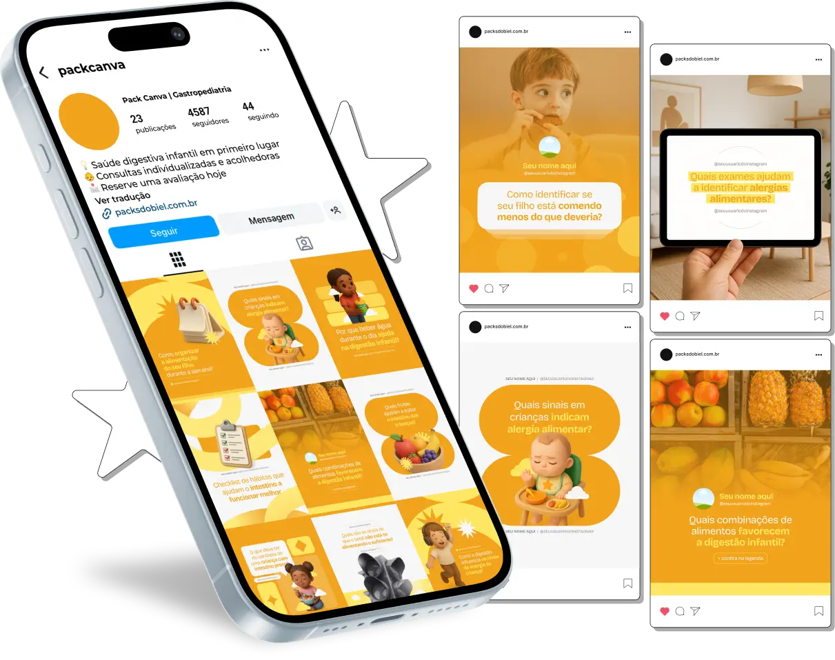 Com o Pack Canva Gastropediatria, você terá posts prontos para compartilhar informações educativas sobre doenças gastrointestinais infantis, nutrição, hábitos alimentares, sintomas e orientações para pais. Totalmente personalizável no Canva, o kit permite criar um perfil profissional e engajador no Instagram e outras redes sociais.