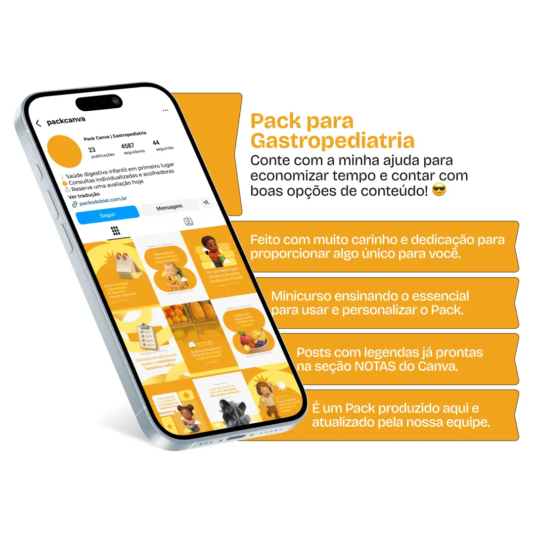 Kit de posts editáveis no Canva para gastropediatras e profissionais de saúde infantil. Inclui artes sobre alimentação, digestão, prevenção de desconfortos gastrointestinais, dicas de cuidados diários, orientação para pais e curiosidades médicas. Perfeito para aumentar o engajamento, educar o público e atrair novos pacientes de forma estratégica.