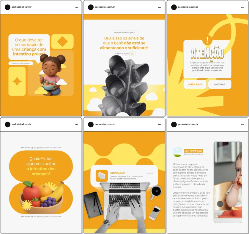 Com o Pack Canva Gastropediatria, você terá posts prontos para compartilhar informações educativas sobre doenças gastrointestinais infantis, nutrição, hábitos alimentares, sintomas e orientações para pais. Totalmente personalizável no Canva, o kit permite criar um perfil profissional e engajador no Instagram e outras redes sociais.
