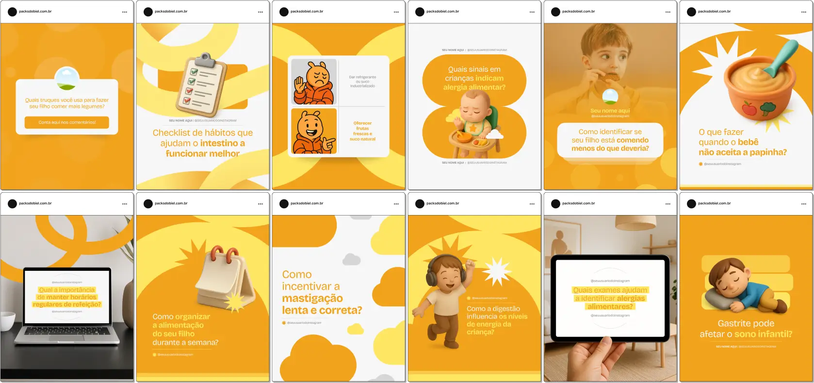 Kit de posts editáveis no Canva para gastropediatras e profissionais de saúde infantil. Inclui artes sobre alimentação, digestão, prevenção de desconfortos gastrointestinais, dicas de cuidados diários, orientação para pais e curiosidades médicas. Perfeito para aumentar o engajamento, educar o público e atrair novos pacientes de forma estratégica.