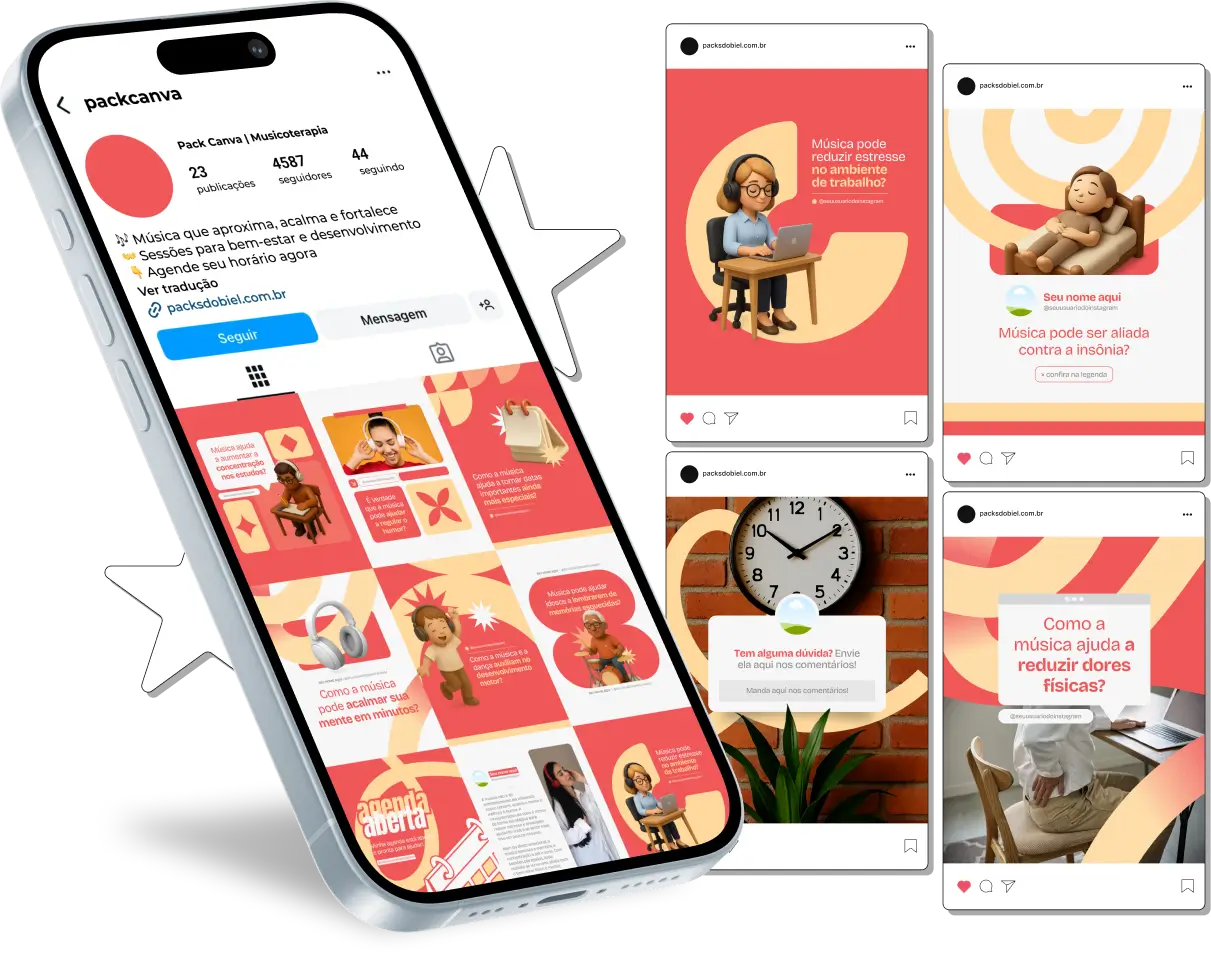 Com este Pack Canva de Musicoterapia, você terá posts prontos e personalizáveis para redes sociais, focados em musicoterapeutas e profissionais de terapias integrativas, abordando benefícios da música na saúde mental, melhora da comunicação, desenvolvimento de habilidades cognitivas, terapias individuais ou em grupo e estratégias de engajamento com pacientes e seguidores.