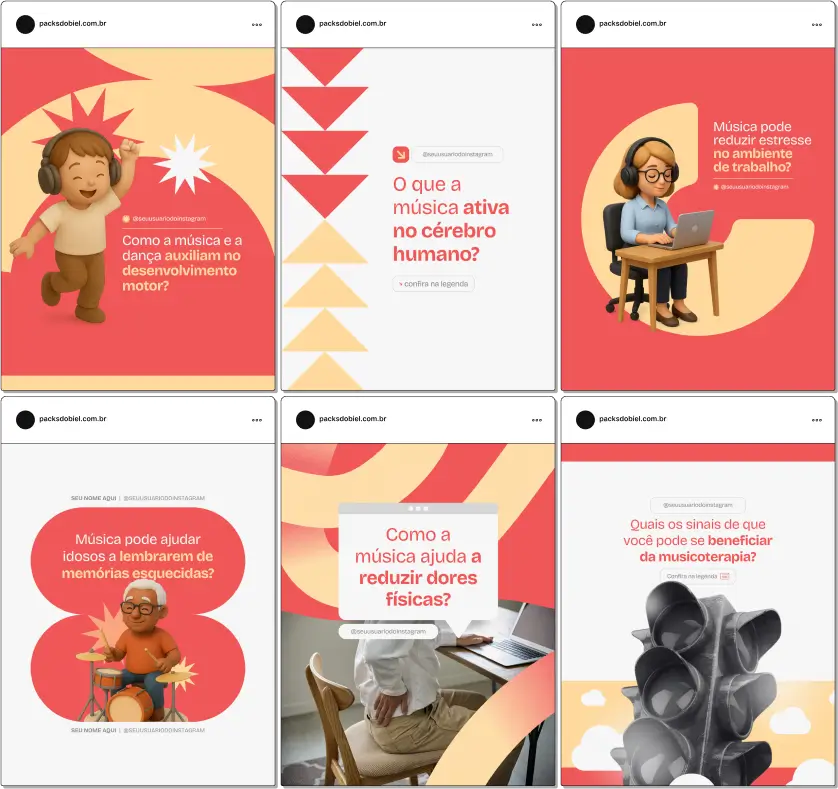 Com este Pack Canva de Musicoterapia, você terá posts prontos e personalizáveis para redes sociais, focados em musicoterapeutas e profissionais de terapias integrativas, abordando benefícios da música na saúde mental, melhora da comunicação, desenvolvimento de habilidades cognitivas, terapias individuais ou em grupo e estratégias de engajamento com pacientes e seguidores.