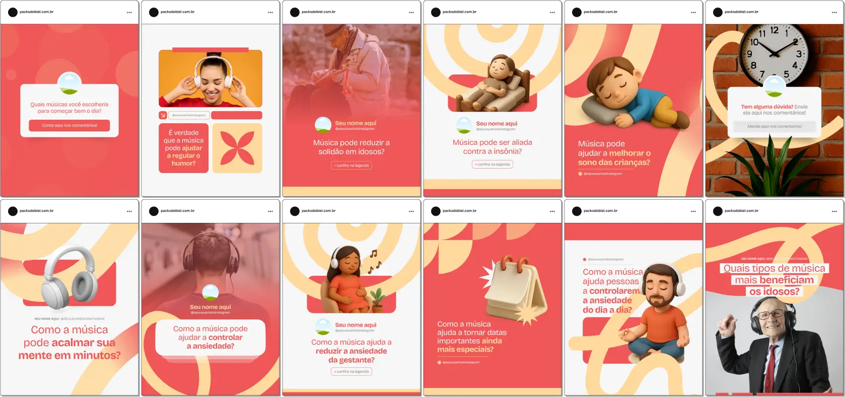 Kit de posts editáveis no Canva para musicoterapeutas, clínicas de bem-estar e profissionais de terapias criativas. Inclui conteúdos para Instagram e outras redes sociais sobre terapias musicais, estimulação emocional, atividades musicais para crianças e idosos, relaxamento, redução de ansiedade e dicas práticas para atrair e educar pacientes ou clientes.